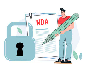 NDA or Non disclosure agreement contract concept, flat vector illustration isolated on white background. Signing legal NDA agreement.