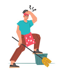 Woman in stress tired of housework tasks and chores, flat vector illustration isolated on white background. Housewife in frustration, depression and being overworked at home.
