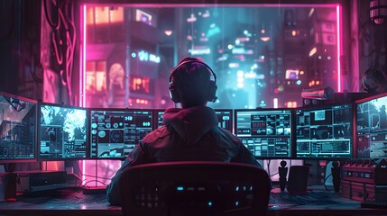 An 8K realistic image of a cybersecurity expert monitoring multiple screens with real-time hacking alerts, with a dark, neon-lit room enhancing the tech ambiance.