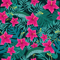 seamless hand drawn summer floral and tropical leaves pattern