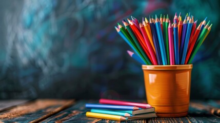 books and colored pencils on a table with a blurred blackboard in the background, embodying an international teachers day theme banner with space for text
