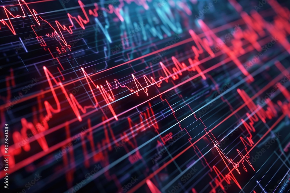 Poster close-up of a computer screen displaying red and black lines. suitable for technology concepts