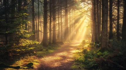 Naklejka premium Sunlight Filtering Through A Dense Woodland Trail Image.