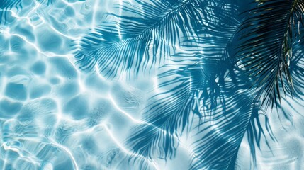 Top View Of Tropical Leaf Shadow On Water Surface. Shadow Of Palm Leaves On White Sand Beach. Beautiful Abstract Background Concept Banner For Summer Vacation At The Beach