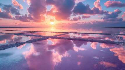 Salt pans under a brilliant sunset in the saltwater pools