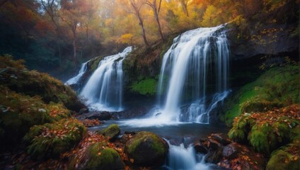 Ethereal Plummet, Aerial Abstraction of Cascading Waterfall, Alive with Vivid Hues, Misty Spray, and Surreal Angle