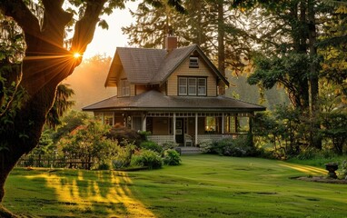 Serene country home bathed in golden sunrise light, nestled among lush greenery.