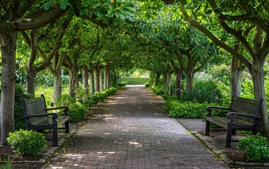 Serene garden pathway lined with lush trees and inviting benches.