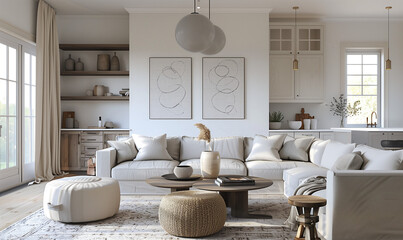 Living room interior design with simple lines and a monochromatic color palette define this modern living room