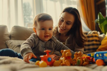 Obraz premium A woman interacting with a baby on a bed, suitable for family and childcare concepts