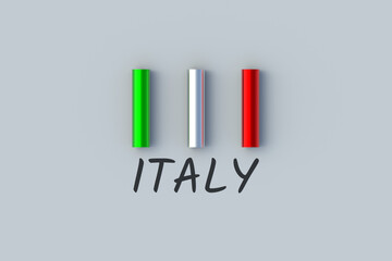 Italian flag made of wire near inscription Italy. National language and cuisine. Tourist country in Europe. 3d render