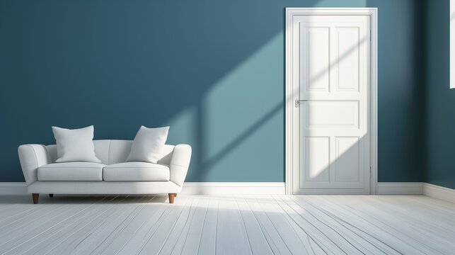 Casa moderna com sofá e porta com parede azul - wallpaper