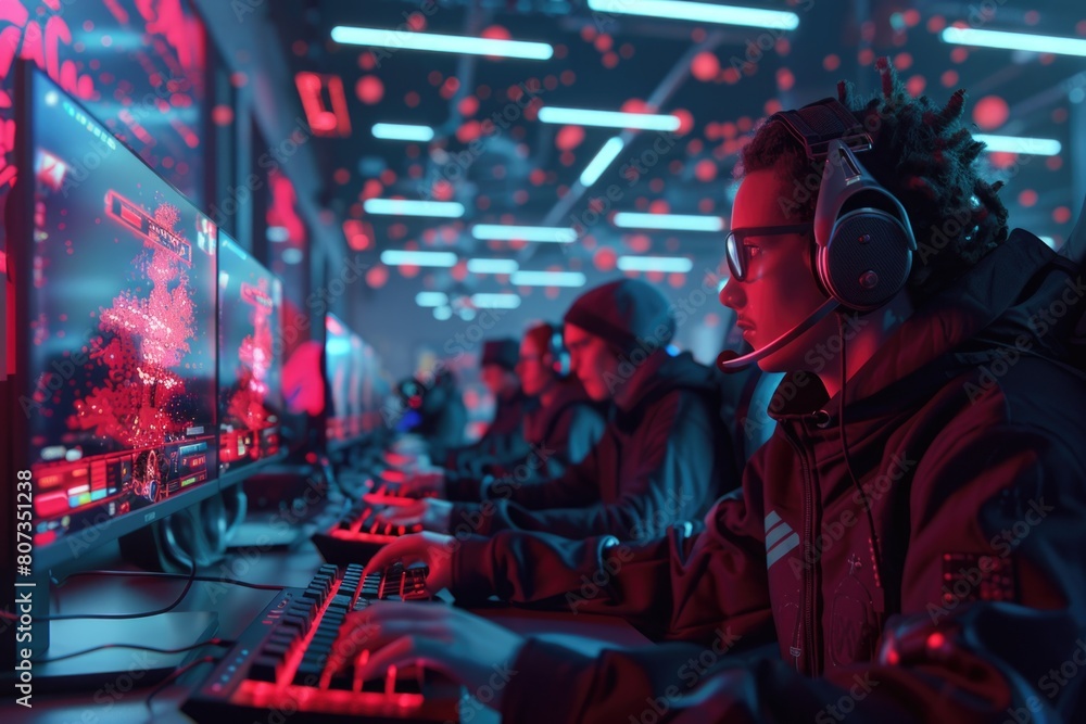 Poster a group of people enjoying playing a game on a computer. suitable for technology and gaming concepts