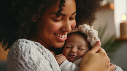 Mulher feliz com seu bebe no colo em casa - wallpaper HD