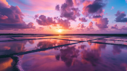 Fototapeta premium Salt pans under a brilliant sunset in the saltwater pools