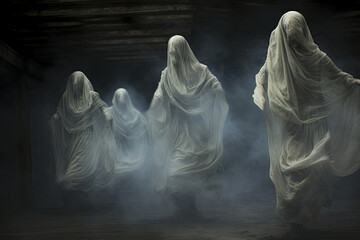 Four ghosts in white robes, with their faces obscured, floating in a dark room filled with fog.