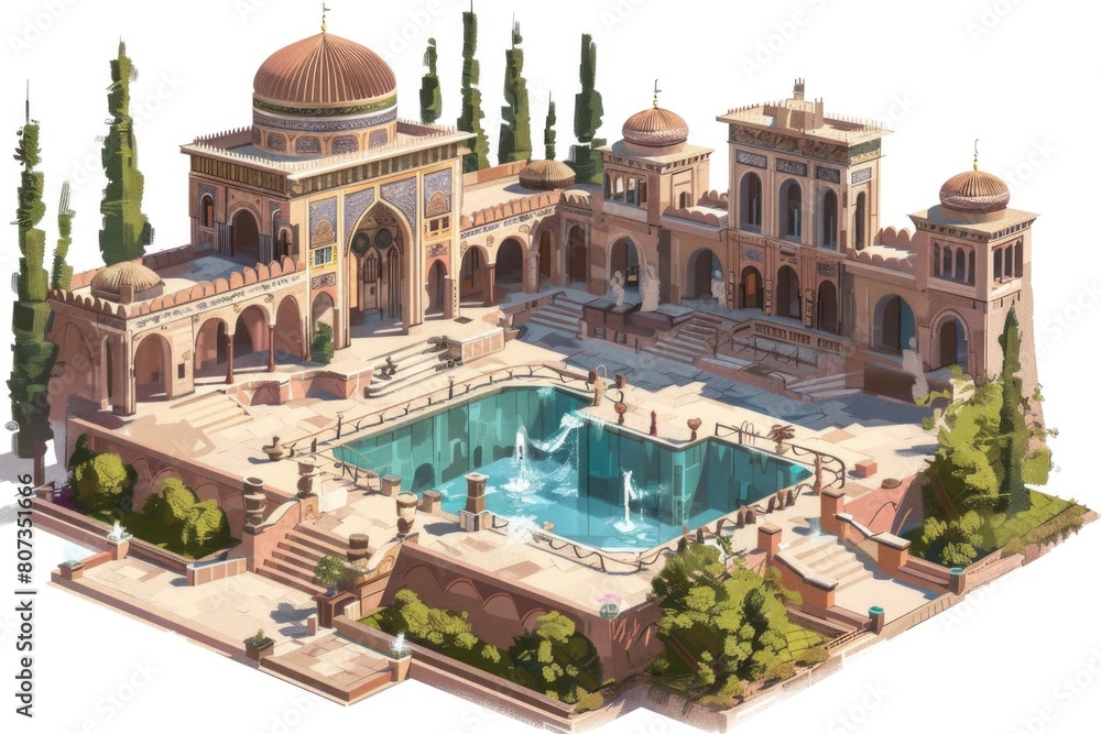 Poster a large building with a fountain in the front. suitable for urban architecture projects