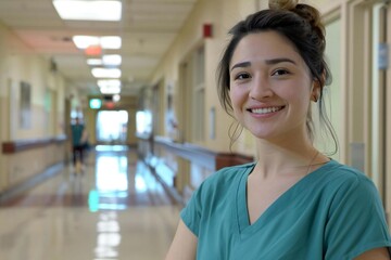 Fototapeta premium Language Bridge: Portrait of a Smiling Female Interpreter/Translator in a Hospital Setting