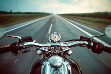 A motorcycle with speedometer driving down a highway. Great for transportation concepts