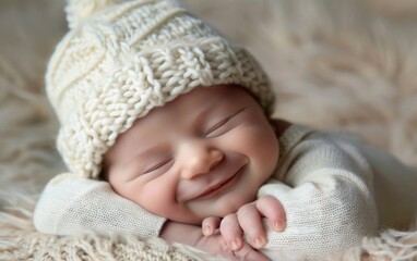 Sleeping newborn in a white knitted hat, with a content smile.