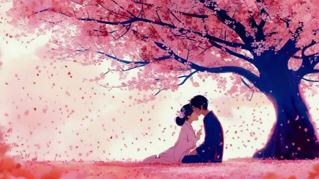 A couple sharing a quiet moment under a cherry blossom tree, petals gently falling around them, 2D Japanese anime-style Lofi hip hop cute Music Background 4k High-Quality Video Animation