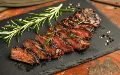 Sliced grilled steak on a dark slate board with rosemary.