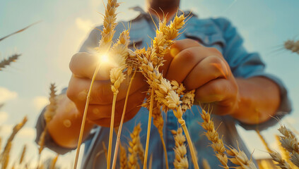 Farmer hand touching wheat spikelets in field. Agriculture concept. Man in rural countryside checking quality ripe golden grain. Harvesting crop sunset. Cultivated land with sunlight.