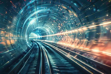 A train moving through a brightly lit tunnel, suitable for transportation and technology concepts