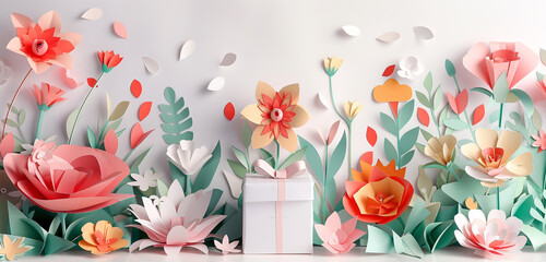Elegant paper-cut florals near an adorned gift, against a white backdrop, perfect for honoring mothers.