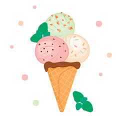 Cartoon illustration with ice cream in a waffle cone.Cooling dessert of three types of creame scoops decorated with sprinkles,chocolate and mint leaves.Vector design isolated on white background.