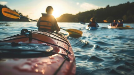 A group of individuals are kayaking together on top of a body of water.