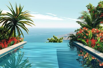 Fototapeta premium A pool overlooking the ocean, perfect for vacation destinations