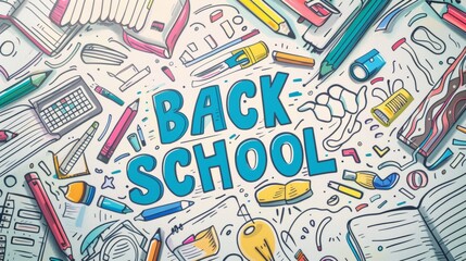 Obraz premium A vibrant and playful illustration featuring a variety of school supplies, emphasizing a fun back-to-school theme.