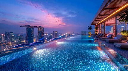 An 8K wallpaper of a modern hotel's infinity pool area at night, with poolside cabanas, glowing underwater lights, and a stunning view of the surrounding city lights.