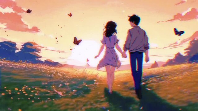 Cute Lofi couple in sunrise garden environment with butterflies, Valentine's day romantic love chill anime lo-fi hip hop vibe. Seamless loop. motion graphics, Japanese 2D anime 4K animation video