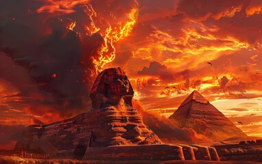 Sphinx and pyramid under a fiery sunset sky.