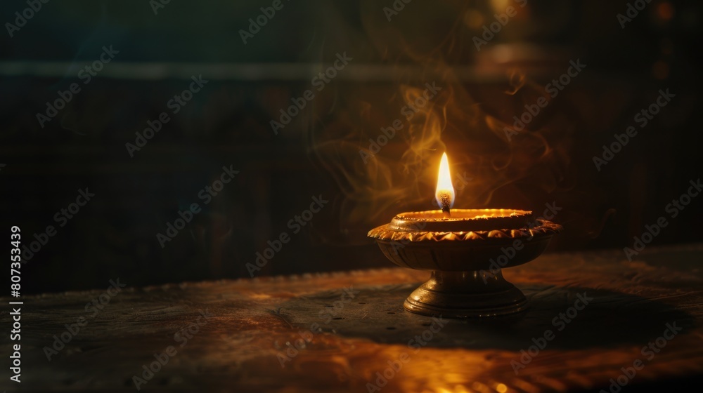 Poster a simple yet cozy image of a lit candle on a wooden table. perfect for adding warmth to any design