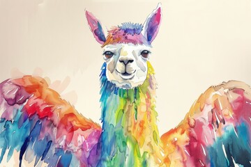 Obraz premium Colorful watercolor painting of a llama with wings. Suitable for children's books or fantasy themed projects
