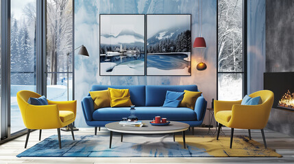 modern living room with blue sofa and yellow armchairs, interior design