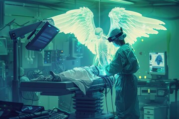 Fototapeta premium A person with wings on their head in a hospital room. Suitable for medical concepts