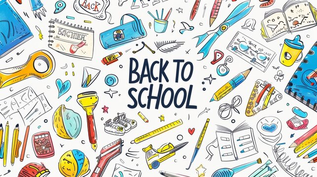A vibrant and playful illustration featuring a variety of school supplies, emphasizing a fun back-to-school theme.