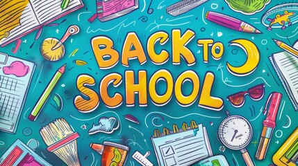 A vibrant and playful illustration featuring a variety of school supplies, emphasizing a fun back-to-school theme.
