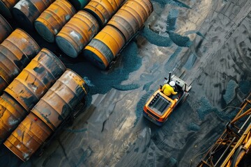 A construction worker working on a pile of barrels. Suitable for industrial and construction concepts - Powered by Adobe