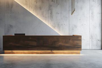 An office reception area with a modern wooden desk against a concrete wall, with soft lighting, illustrating a corporate interior design concept. 3D Rendering AI