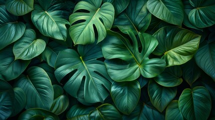 Nature concept, dark green foliage background, green tropical leaves texture