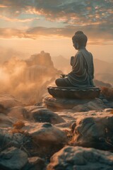 A serene Buddha statue sitting on top of a rocky hill. Perfect for meditation and spiritual concepts