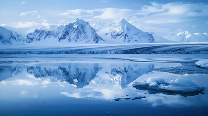 pristine iced lake reflecting towering snowy mountains