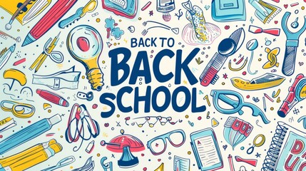 A vibrant and playful illustration featuring a variety of school supplies, emphasizing a fun back-to-school theme.