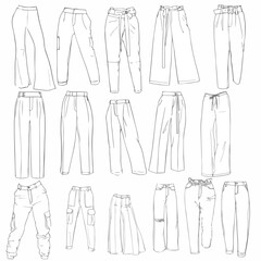 
A set of silhouettes of trousers of different shapes and styles. Fashion stylist set