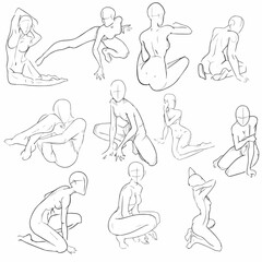 
A set of female figures in unusual moving and sitting poses